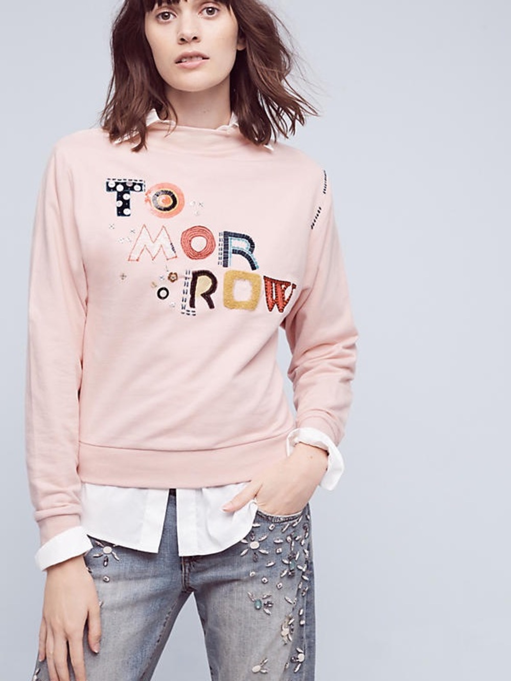 Anthropologie Soft Pink Embellished Crewneck Sweatshirt